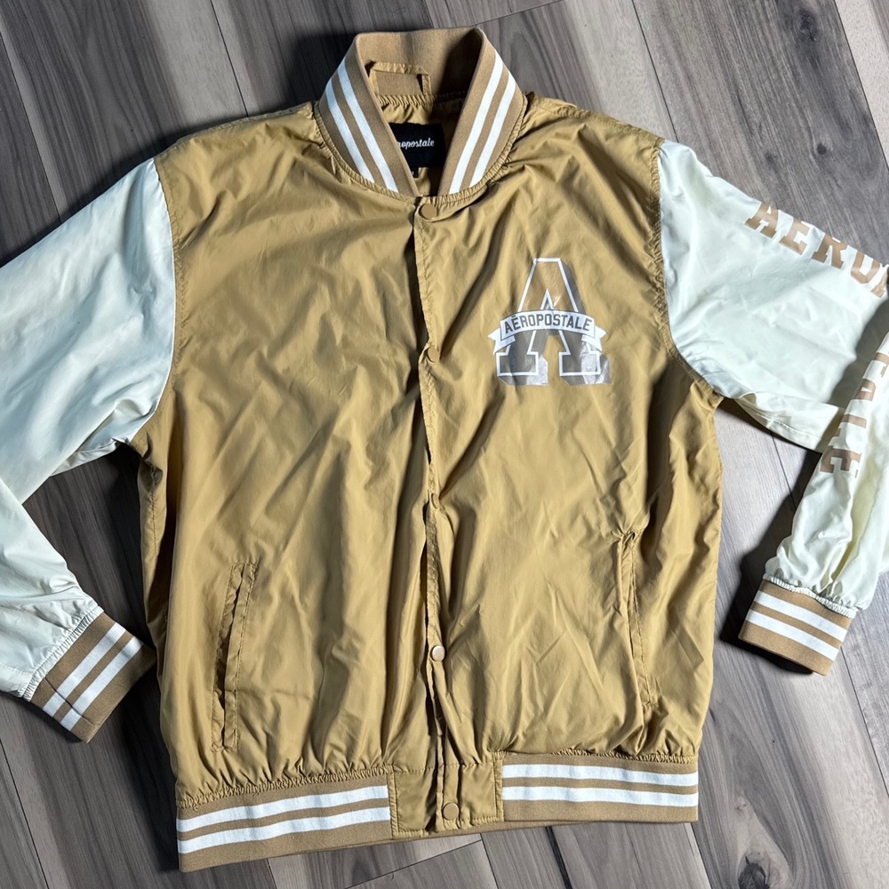 Aeropostale Mens Varsity Windbreaker Jacket Tan Cream Snap Front Large